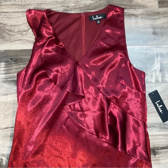 NWT Lulu’s Aubrianna Wine Red Satin Ruffled Mini Dress - Picture 5 of 12